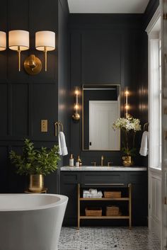 a bathroom with black walls and gold fixtures, a white bathtub in the foreground