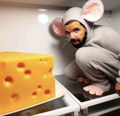 a man in a mouse costume next to a cheese block