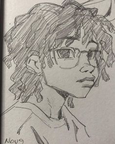 a pencil drawing of a boy with glasses