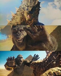 two different pictures of godzillas and pyramids in the same photo, one has his hands up