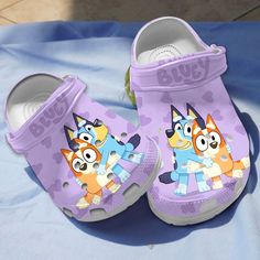 Special Bluey And  Bingo Violet Clogs For Kids And Adults Bluey Shoes, Bluey Pics, Taylor Swift Shoes, Bluey Stuff, Slippers For Kids, Bingo Funny, Christmas Table Runner Pattern, Crocs Slippers, Blue Crocs