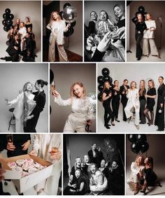 black and white photo collage of people celebrating with balloons, cake, champagne, wine