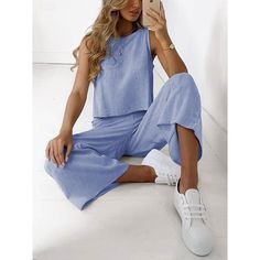 Season:Summer,Spring; Fabric:Cotton And Linen; Sleeve Length:Long Pant,Sleeveless; Gender:Women's; Nightwear Style:Sets,Pajamas,Loungewear; Style:Casual; Elasticity:Micro-elastic; Occasion:Home; Function:Breathable; Pattern:Pure Color; Neckline:Crew Neck; Bottom Type:Pant; Listing Date:02/21/2024; Length [Bottom]:; Length [Top]:; Bust: Womens Casual Suits, Pant Suits For Women, Linen Loungewear, Sleeveless Outfit, Stylish Summer Outfits, Traje Casual, Two Piece Pants Set, Pantsuits For Women, Linen Casual