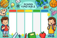 children with school supplies and the words school timetable