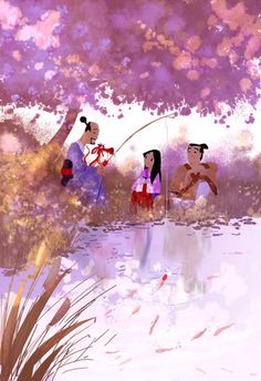 three people fishing in the water under a tree with purple flowers on it and one person holding a fish rod