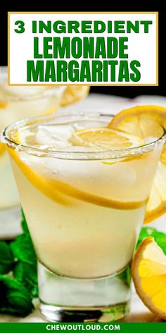 three lemonade margaritas with lime and mint garnish on the rim, in glasses