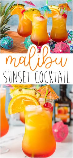 sunset cocktail Essen, Malibu Sunset Cocktail Recipe, Malibu Sunset Cocktail, Malibu Mixed Drinks, Peach Schnapps Drinks, Summer Mixed Drinks, Malibu Rum Drinks