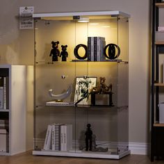 a glass shelf with books and figurines on it in the corner of a room