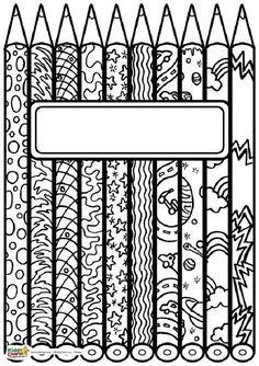 a black and white drawing of a fence with many pencils on it, as well as an empty sign