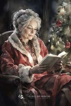 an older woman reading a book in front of a christmas tree
