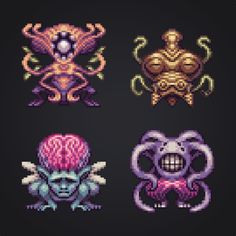 four pixel art pieces with different shapes and sizes on black background, including an elephant, octopus