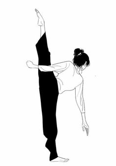 a black and white drawing of a woman doing a dance move with her leg in the air