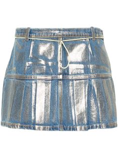 blue cotton foiled finish fully pleated star embroidery belt loops flared low-rise straight hem thigh-length Blue Sequin Skirt, Skirt Png, Embroidery Belt, Belted Mini Skirt, Diy Clothes Design, Future Clothes, Blue Belt, Stylish Skirts, Metallic Skirt