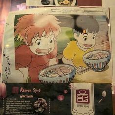 an advertisement for ramen sprout with two young boys eating noodles in front of them