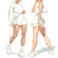 two women in tennis outfits are standing next to each other and one has her hand on her head