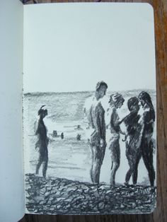 a drawing of people standing on the beach