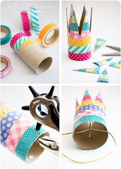 several pictures of different crafts made from toilet paper rolls and construction tape with scissors on them