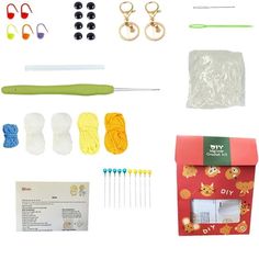 an assortment of crafting supplies including knitting needles, scissors and other items on a white background