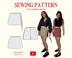 The Sunrise Skort Sewing Pattern is a modern take on a traditional skort. It features shorts hidden behind either a full wrap skirt with a tie on the side, or a half skirt that covers only the front of the shorts. The shorts have ease in the crotch and hips to help keep you cool on those hot summer days. If you're unfamiliar with the term ease, you can think of it like the space between your body and the garment. When designing this skort, I knew I wanted it to be an easy going garment that woul Skirt With Shorts Attached, Wrap Mini Skirt Pattern, Skort Sewing, Skort Sewing Pattern, Skort Pattern, Mini Skirt Pattern, Sew Clothing, Sewing Darts, Learn Skills