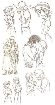 some drawings of people hugging each other and kissing in front of the same person with their arms around them