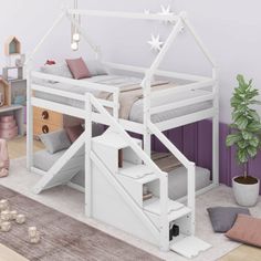 a white bunk bed with stairs in a room