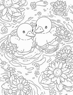 two ducks are swimming in the water with flowers on it and one duck is holding its head