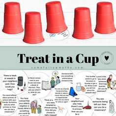 four red plastic cups with instructions on how to treat in a cup