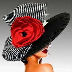 Stunning Black And White Striped Wide Brim Red Flower Hat, Perfect For The Kentucky Derby, Church Events, Or Tea Parties. This Gorgeous, Timeless, Sophisticated Couture Hat Is Designed To Turn Heads And Make A Statement, Adding A Touch Of Glamour And Elegance To Any Ensemble. Classic Tradition With A Modern Twist, This Work Of Art Is The Epitome Of Grace And Sophistication! Ky Derby Hats, Kentucky Derby Outfit, Kentucky Derby Style, Stylish Womens Hats, Church Lady Hats, Tea Hats, Funky Hats