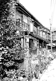 a black and white drawing of an old house with bicycles parked in front of it
