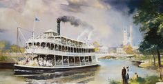 a painting of a river boat with people on it