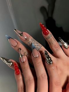 Multicolor  Collar   Plantas Uñas 3D Embellished Edgy Nails, Arylic Nails, Grunge Nails, Unique Acrylic Nails, Classy Acrylic Nails, Nagel Inspo, Cat Kuku, Stylish Nails Art, Funky Nails