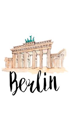 the word berlin written in black ink on a white background with an image of the building and