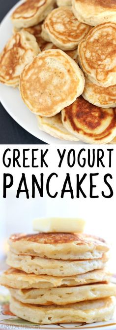 greek yogurt pancakes on a white plate with text overlay that says greek yogurt pancakes