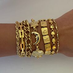 Deadstock Double Thick Bracelet – The Sage Vintage Cute Bracelet Stacks With Apple Watch, Jewelry Stack Inspiration, Chuncky Gold Jewelry, Chunky Gold Jewelry Vintage, Gold Jewelry Bracelet Stack, Y2k Gold Jewelry, Chunky Bracelet Stack, Gold Jewelry Stacks, Gold Stacked Bracelets