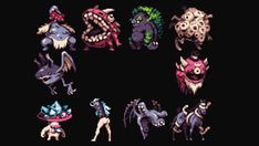 an image of pixel art with different types of animals and monsters on it's face