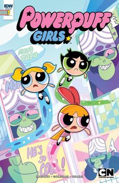 the powerpuff girls comic book cover with cartoon characters in front of an advertisement