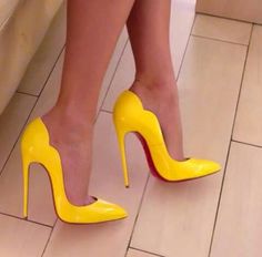 Yellow Louboutin Heels, Yellow High Heels Outfit, Chilling Vibes, Yellow High Heels, High Heels Classy, Cherry Color, Yellow Heels, Beautiful High Heels, Heels Platform