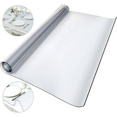 a roll of clear plastic paper on top of a table with plates and silverware