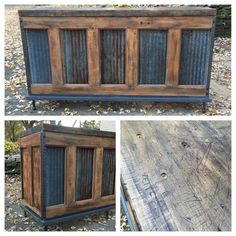 an old dresser is turned into a sideboard with metal panels and wood trims