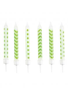 six green and white candles are lined up