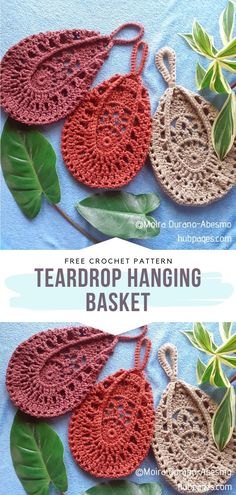 crochet pattern for teardrop hanging basket with leaves on blue background and text overlay that says free crochet pattern