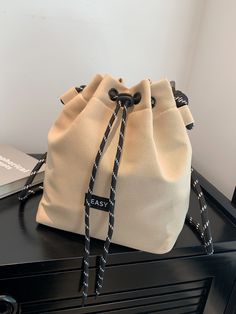 Khaki Casual,Fashionable Collar  Nylon Plain Bucket Bag Embellished   Women Bags Black Bucket Bag, Ideas Manualidades, Drawstring Bucket Bag, Thick Rope, Student Bag, Lingerie Accessories, Shopper Bag, Mini Fashion, Women Bags