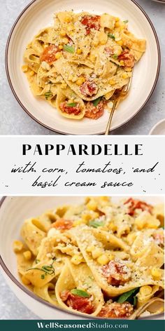 two plates filled with pasta and sauce on top of each other, the words papparella