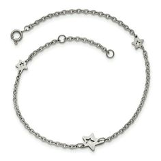 Chisel Stainless Steel Polished Stars 9 inch Anklet Plus 1 inch Extension Color: Silver.  Gender: unisex.  Age Group: adult. Silver Ankle Bracelet, Candle Pedestal, Women Anklets, Beach Anklets, Premium Packaging, Box Making, Stainless Steel Polish, Real Jewelry, Beaded Anklets