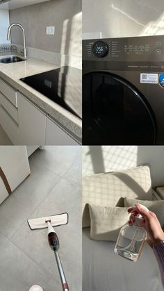 a woman is cleaning the floor in her kitchen