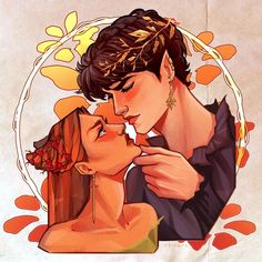 an image of a man kissing a woman on the cheek with autumn leaves around her