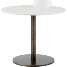 a white marble table with a metal base