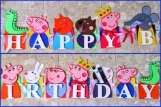 peppa pig happy birthday banner made out of cutout paper with the words peppi and