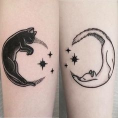 two tattoos that have cats on them and stars in the sky behind them, one is black and white