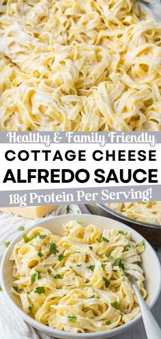 two images showing different types of alfredo sauce in white bowls with text overlay that says cottage cheese alfredo sauce